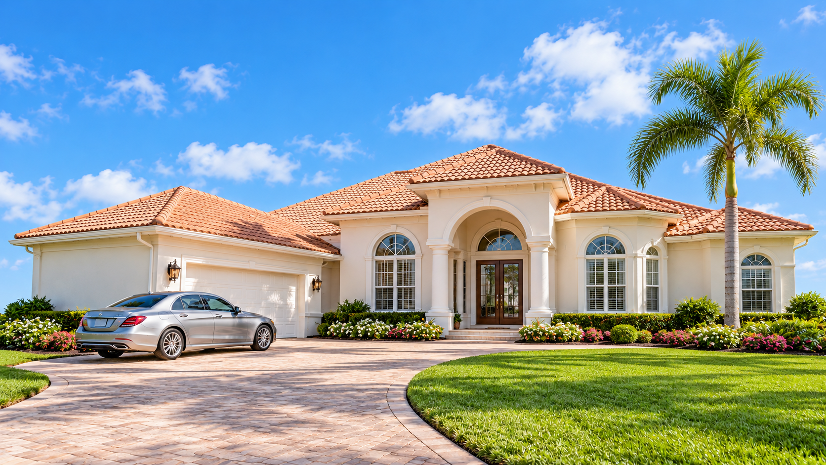 Florida house with a tile roof and one palm tree