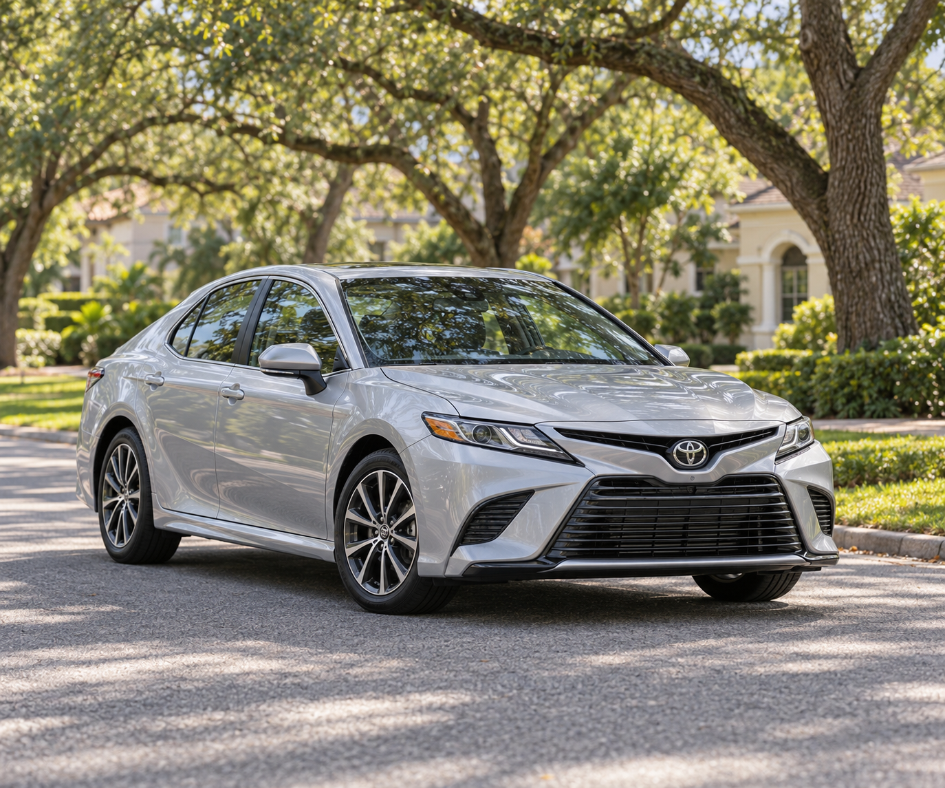 Silver Toyota Camry on a tree-lined Florida residential street